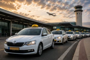 שורת מוניות ממתינה לאיסוף נוסעים בנתב"ג