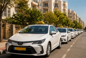 מונית של מוניות פסגות ממתינה לנוסע ברחוב בראש העין