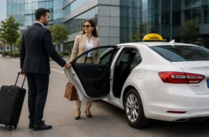 נהג מונית פותח דלת ללקוחה בדרך לנתב"ג
